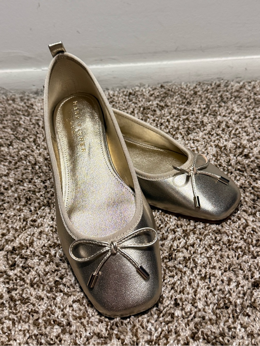 Marc Fisher Metallic Gold Square-Toe Ballet Flats with Bow